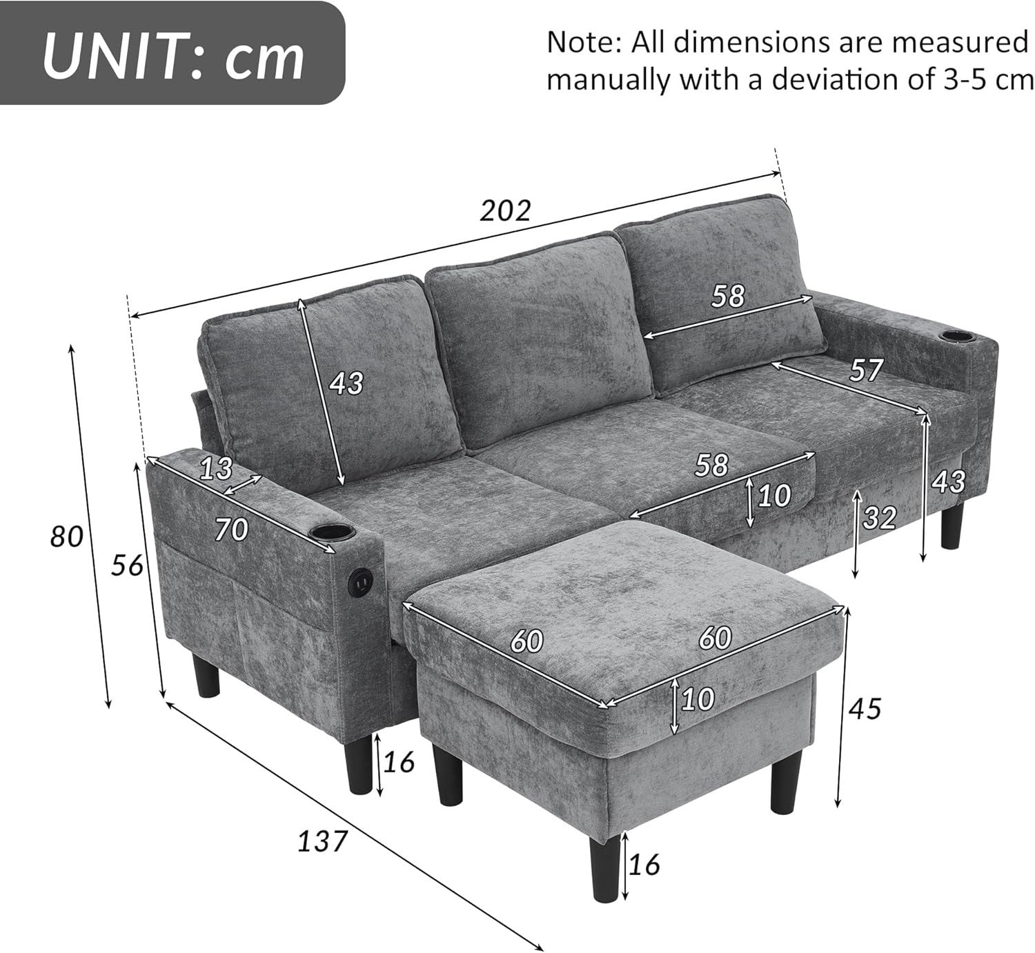 3-4 Seater Grey L-Shaped Sofa with Reversible Chaise, USB Ports & Cup Holders