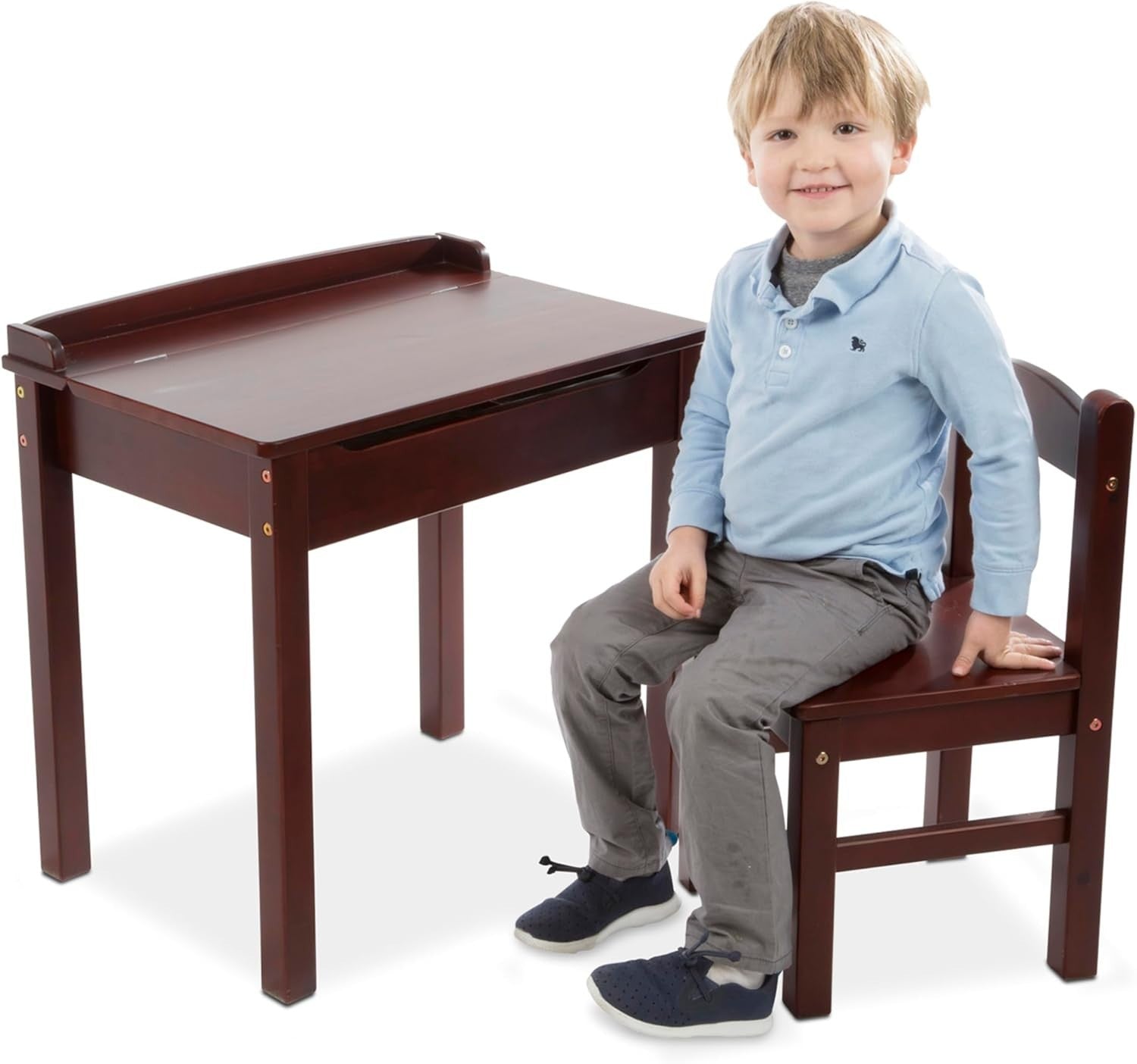 Kids Wooden Lift-Top Desk & Chair Set, Espresso, Compact 30.5x57cm