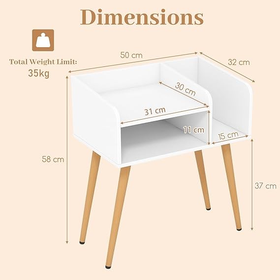 White Wooden Bedside Table with Open Shelves & Metal Legs – Modern Small