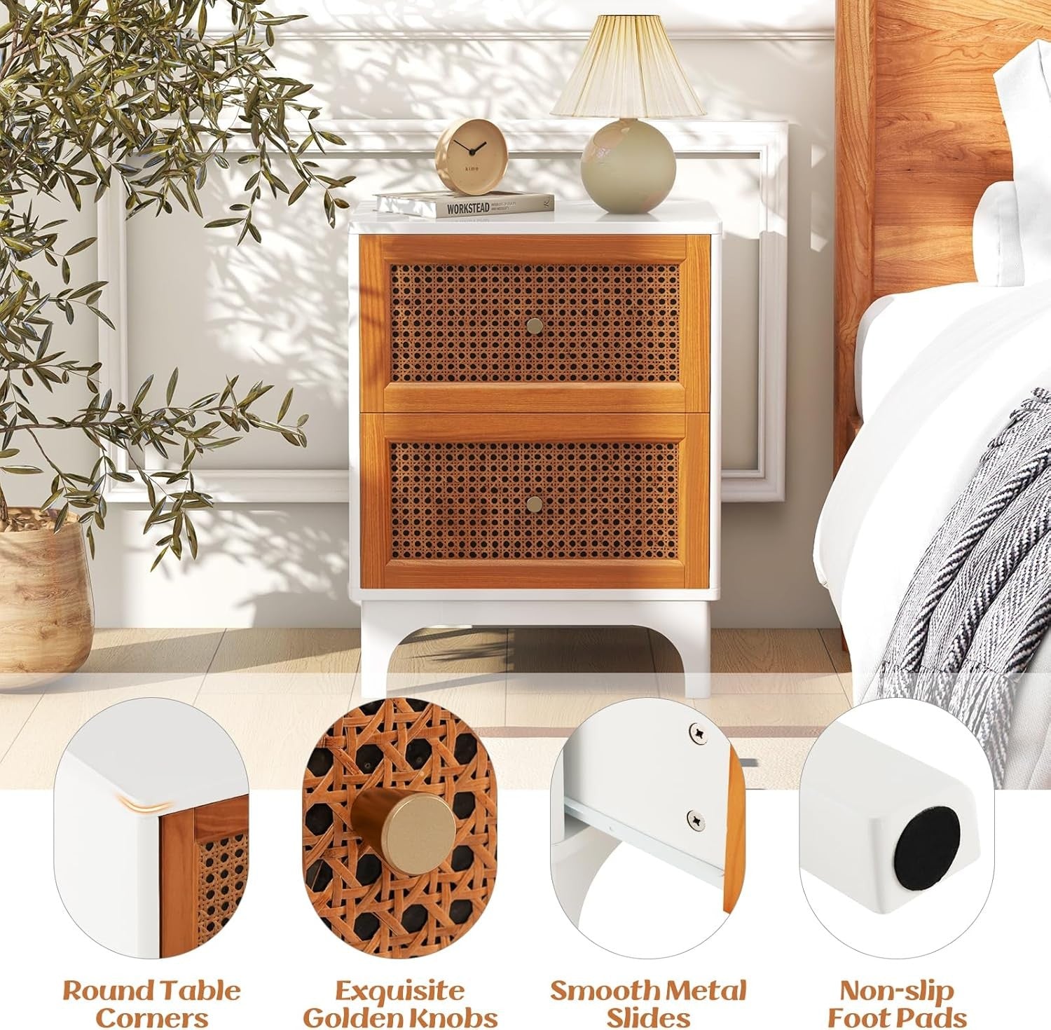 Modern Rattan Bedside Tables Set of 2 with Drawers | Wood Storage Nightstands