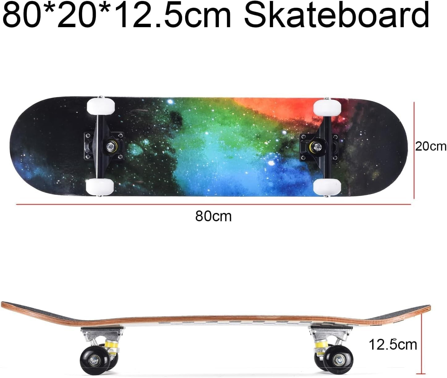 31in Beginner Skateboard Double Kick Maple Deck Kids Adults Rainbow + Tool