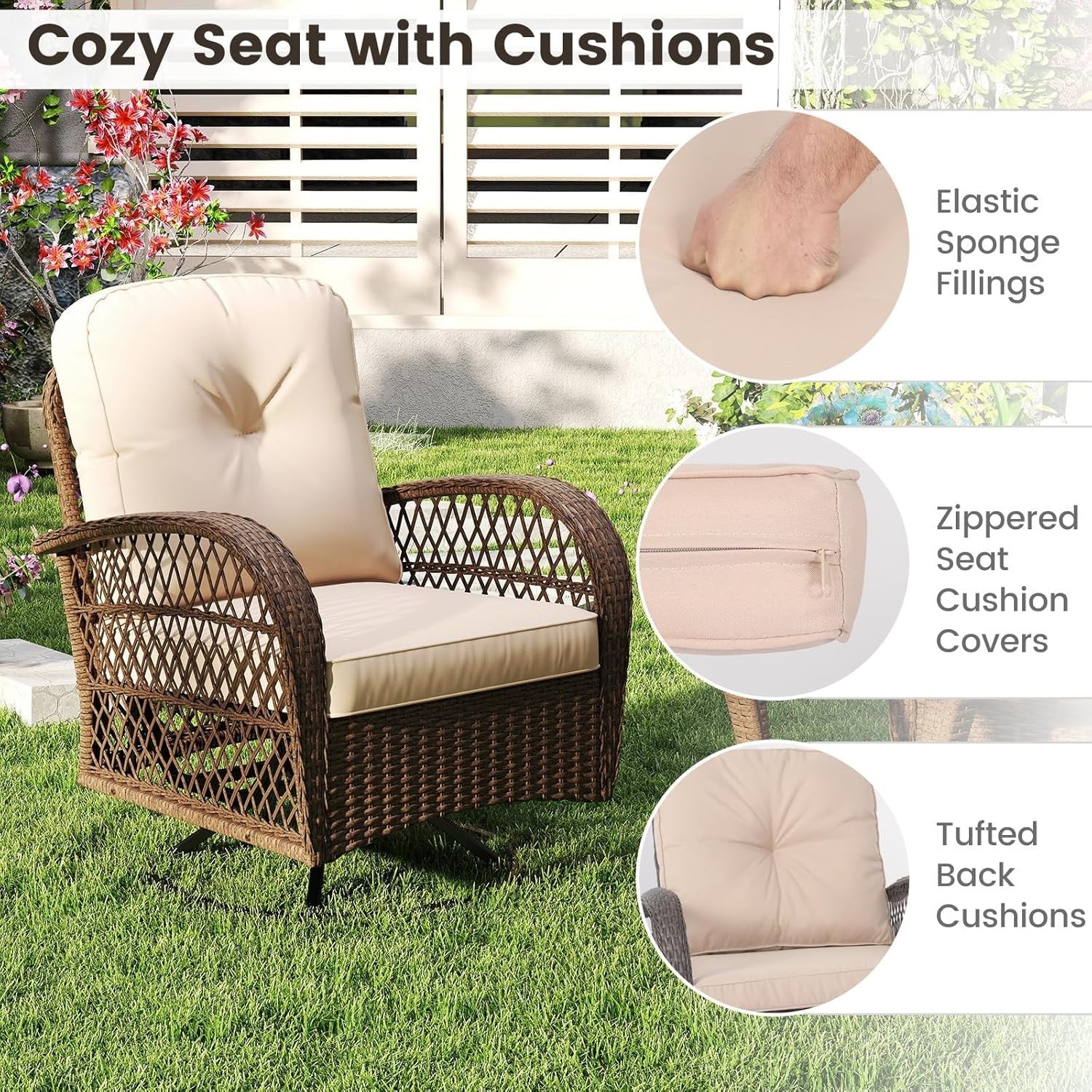 360° Rattan Swivel Rocker Chairs Set w/ Cushions & Table Outdoor Patio