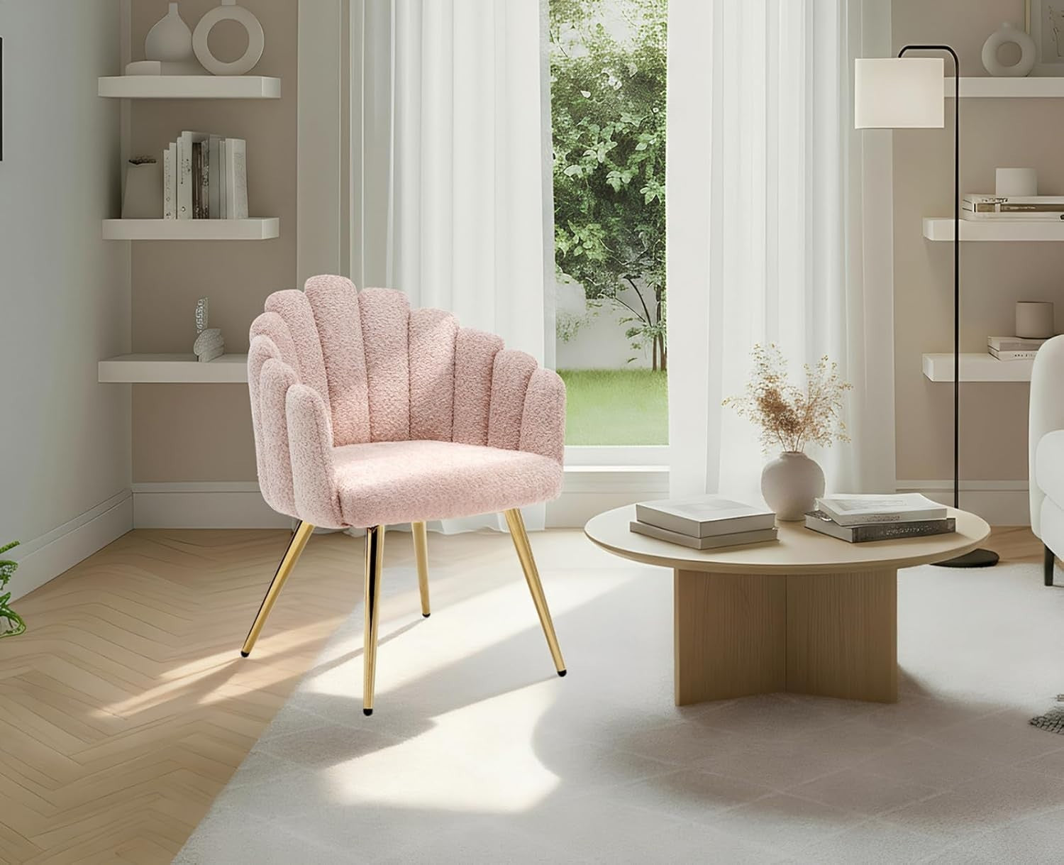 Pink Fabric Accent Armchair with Gold Legs – Modern Finger-Back Lounge Chair