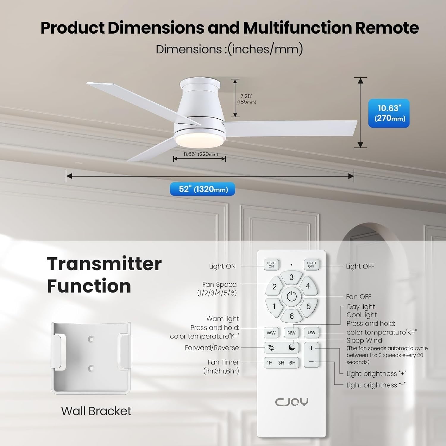 CJOY 52" Ceiling Fan with Lights 6 Speeds Reversible DC Motor White