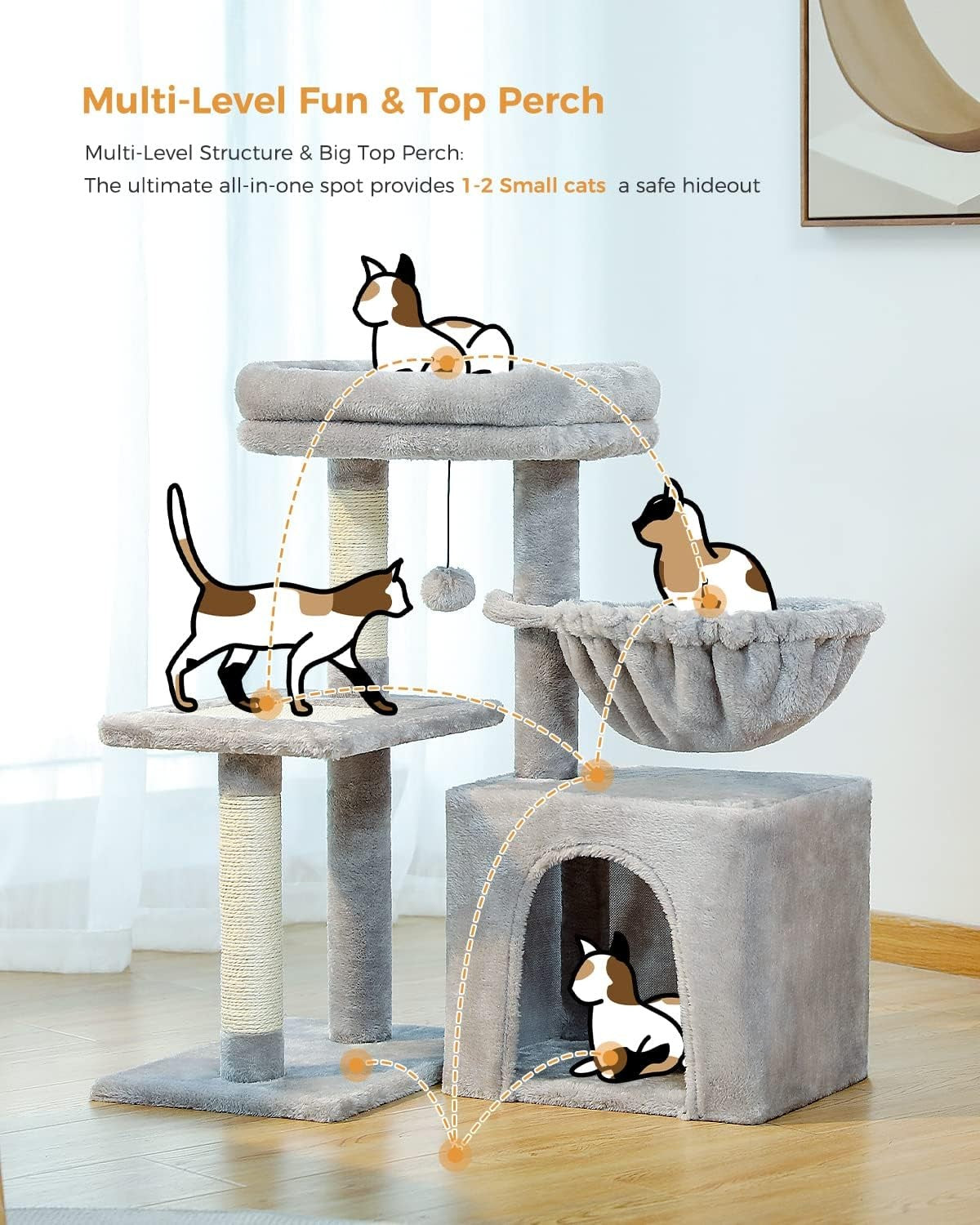 Small Cat Tree 73cm Indoor Cat Tower With Condo Hammock Scratching Posts