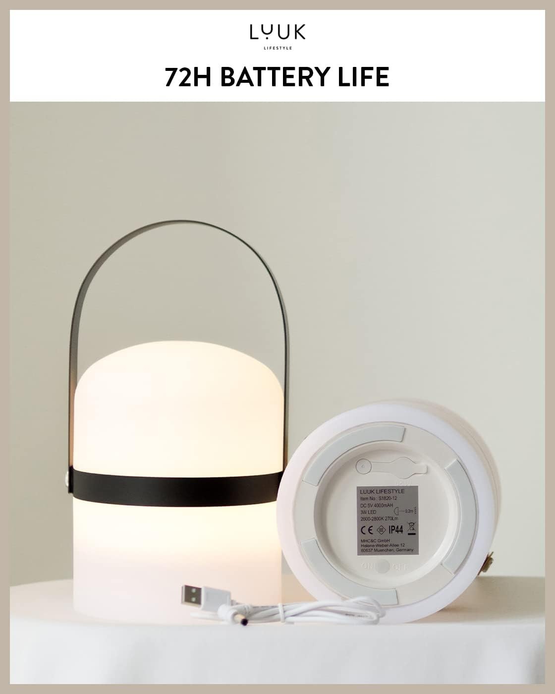 LED Lantern Black 26.5 cm Portable Rechargeable