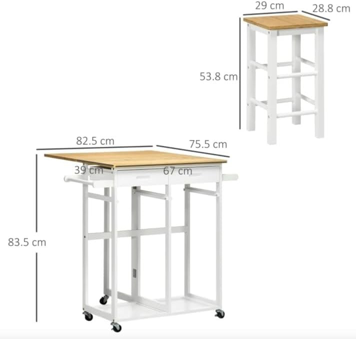 Folding Bamboo Dining Table Set with Stools White Compact Drop Leaf Cart