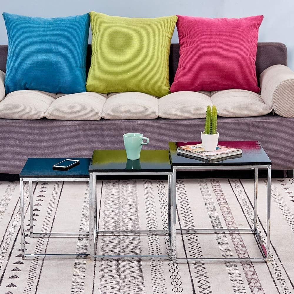 3PCS Black Modern Nesting Side End Table Set Metal Legs Wood Board Square