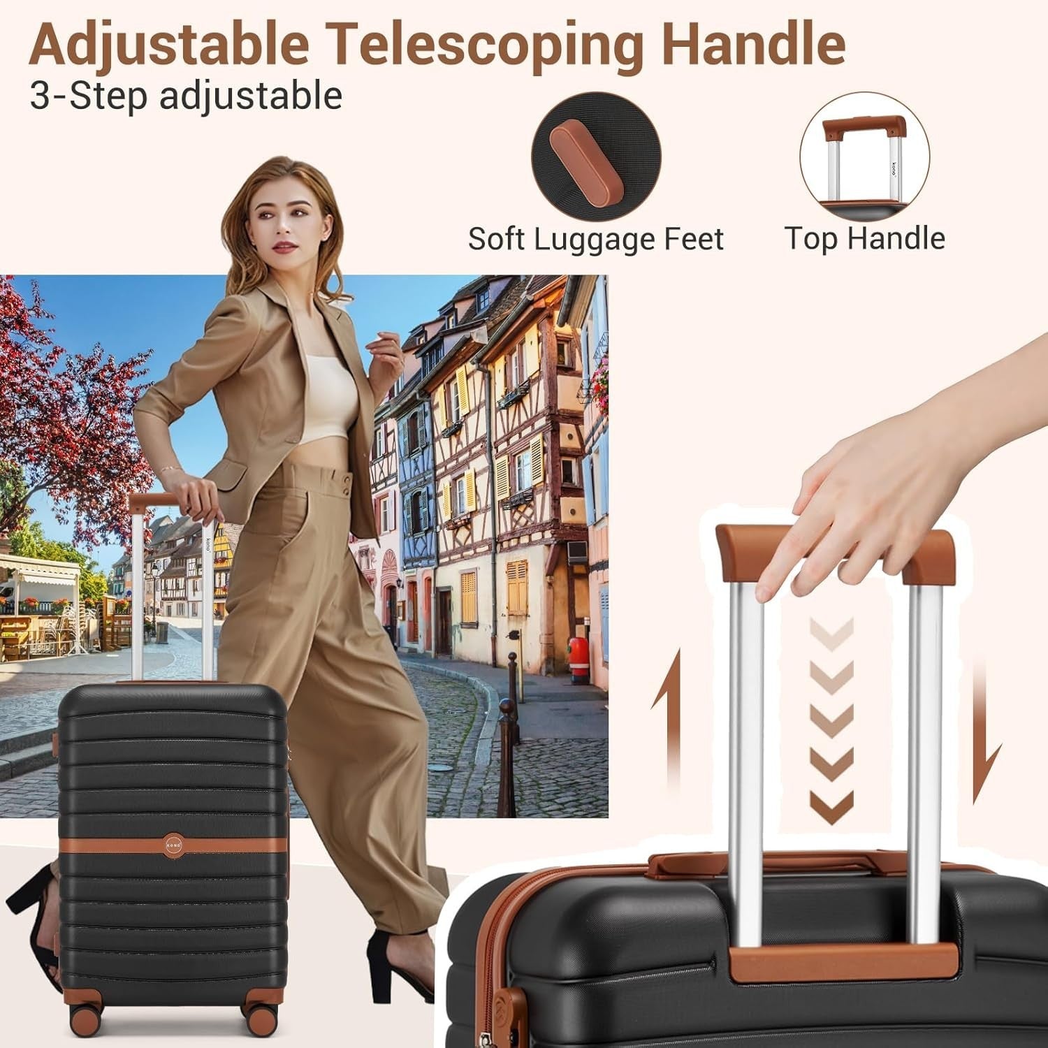 24'' Black Brown Check In Suitcase ABS PC Hard Shell Spinner Wheels Lock