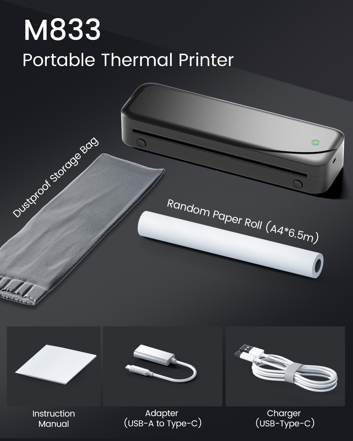 A4 Wireless Thermal Printer 300DPI Portable Black