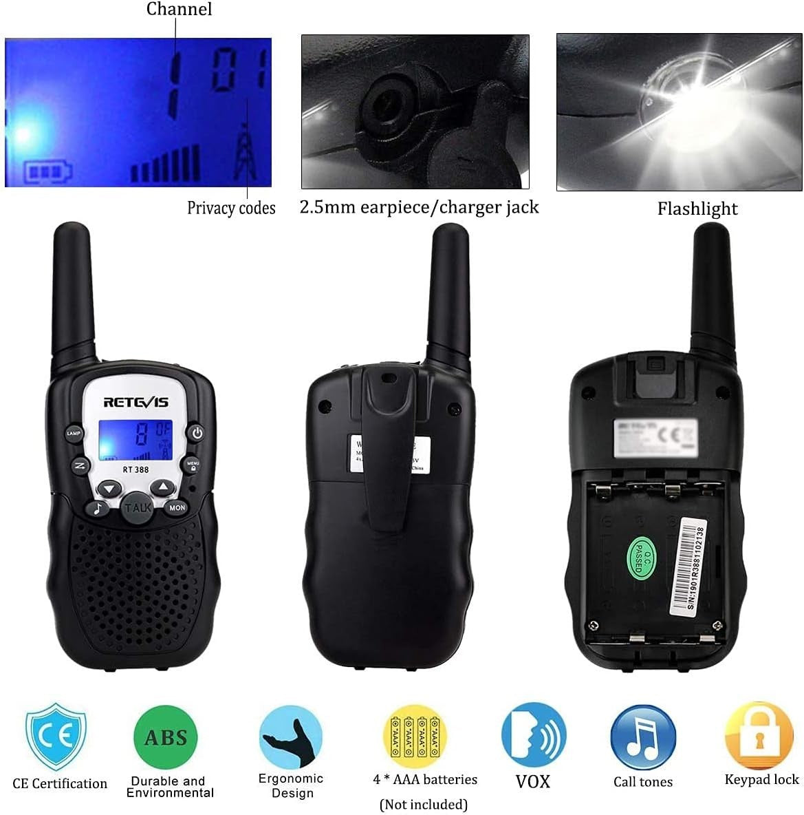 Kids Walkie Talkies Long Range VOX Flashlight Toy Gift 1 Pair Black