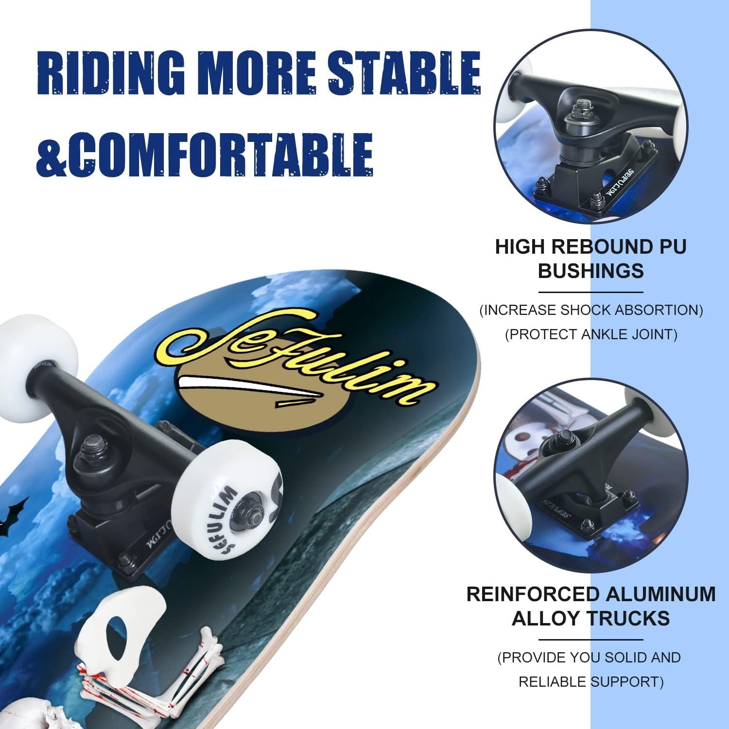 31" Complete Skateboard Maple Double Kick Trick Board Skeletal Design Teens