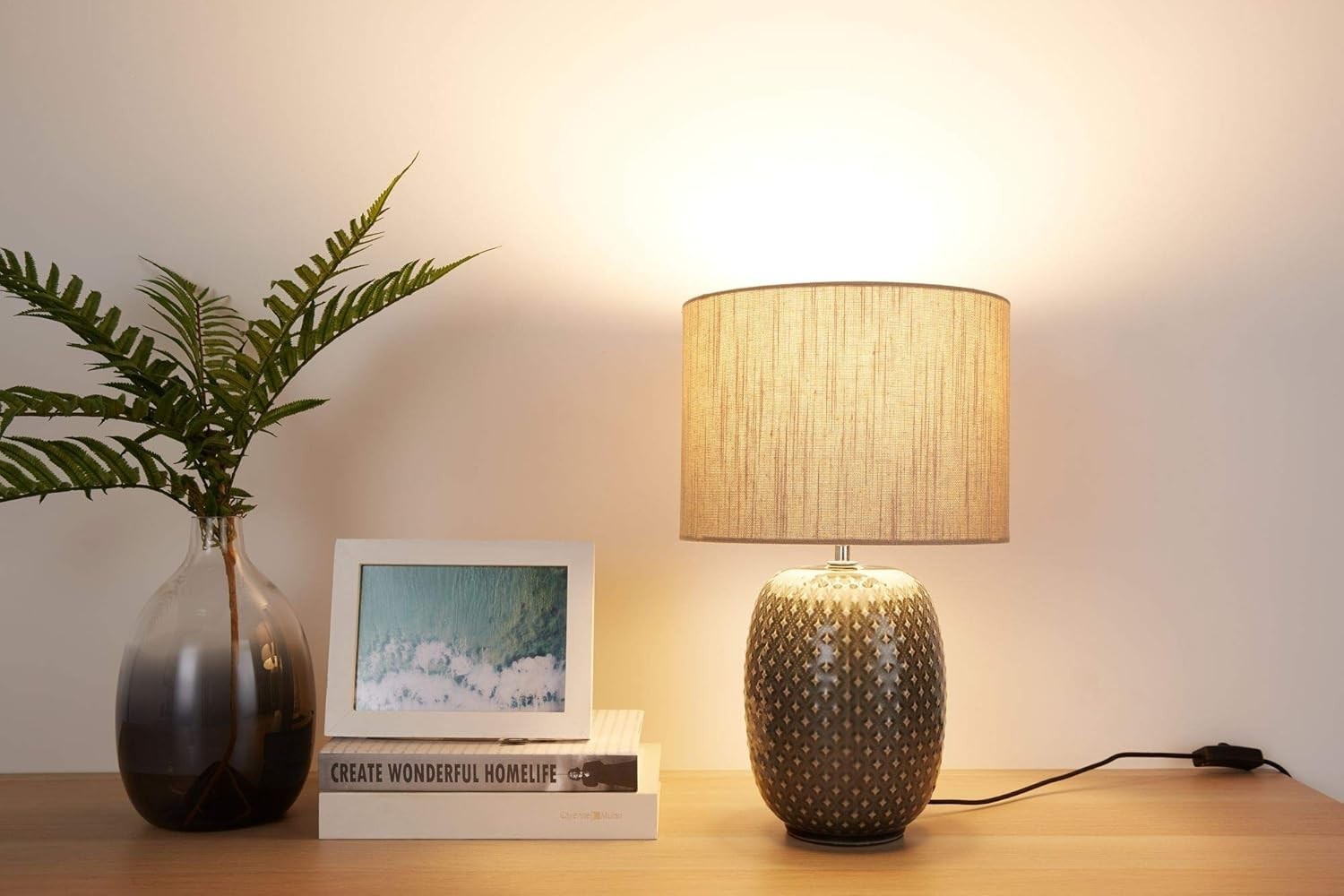 Ceramic Table Lamp Fabric Shade Modern Living Room Bedroom Light E27