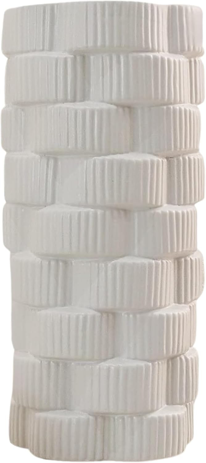White Ribbed Ceramic Floor Vase 30cm Modern Flower Living Room Decor