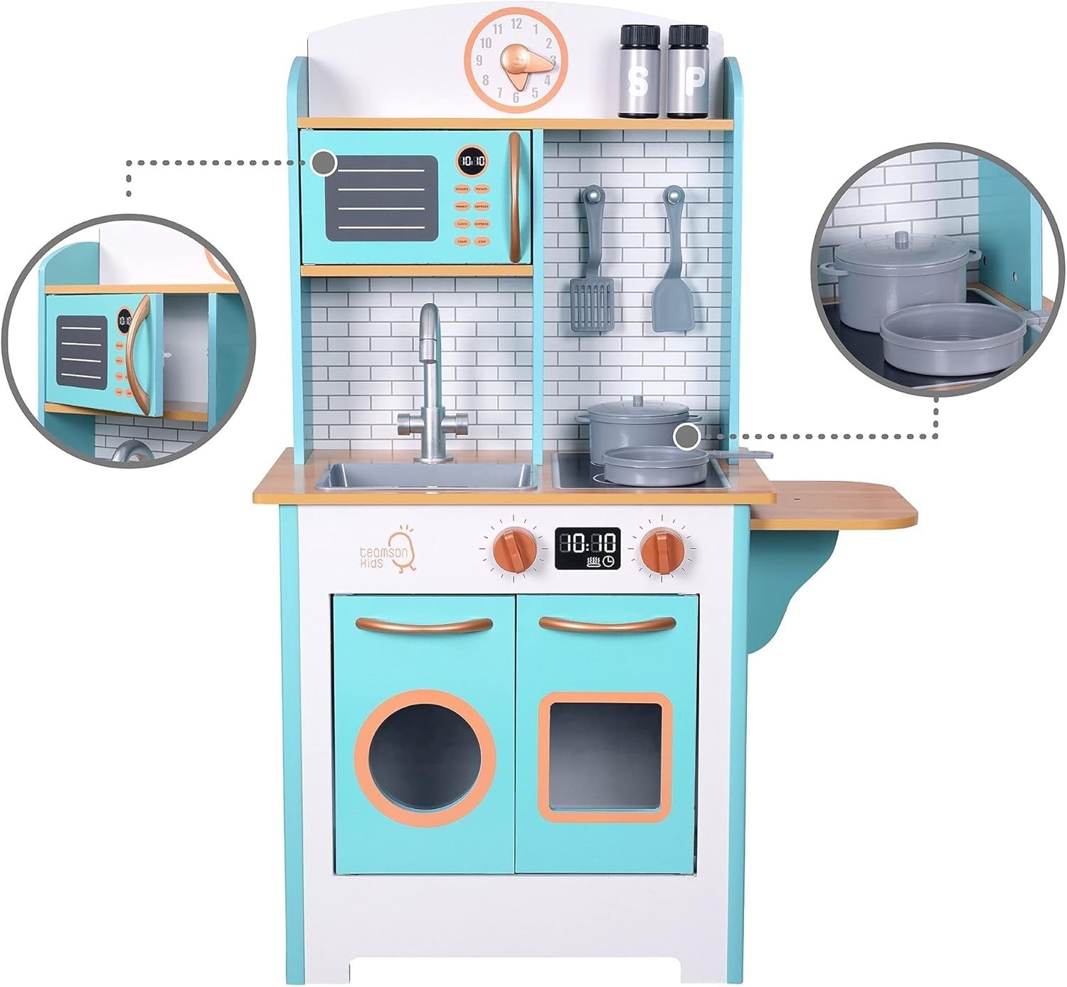 Retro Wooden Kids Play Kitchen Blue Pretend Cooking Toy Set