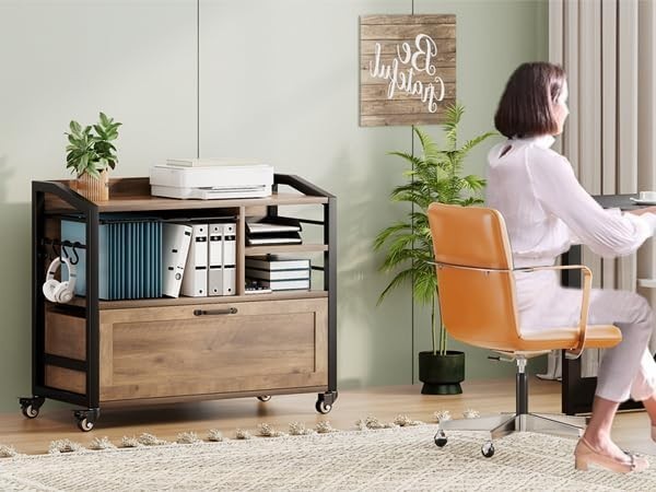 Rustic Oak Rolling Lateral File Cabinet Printer Stand Legal Letter