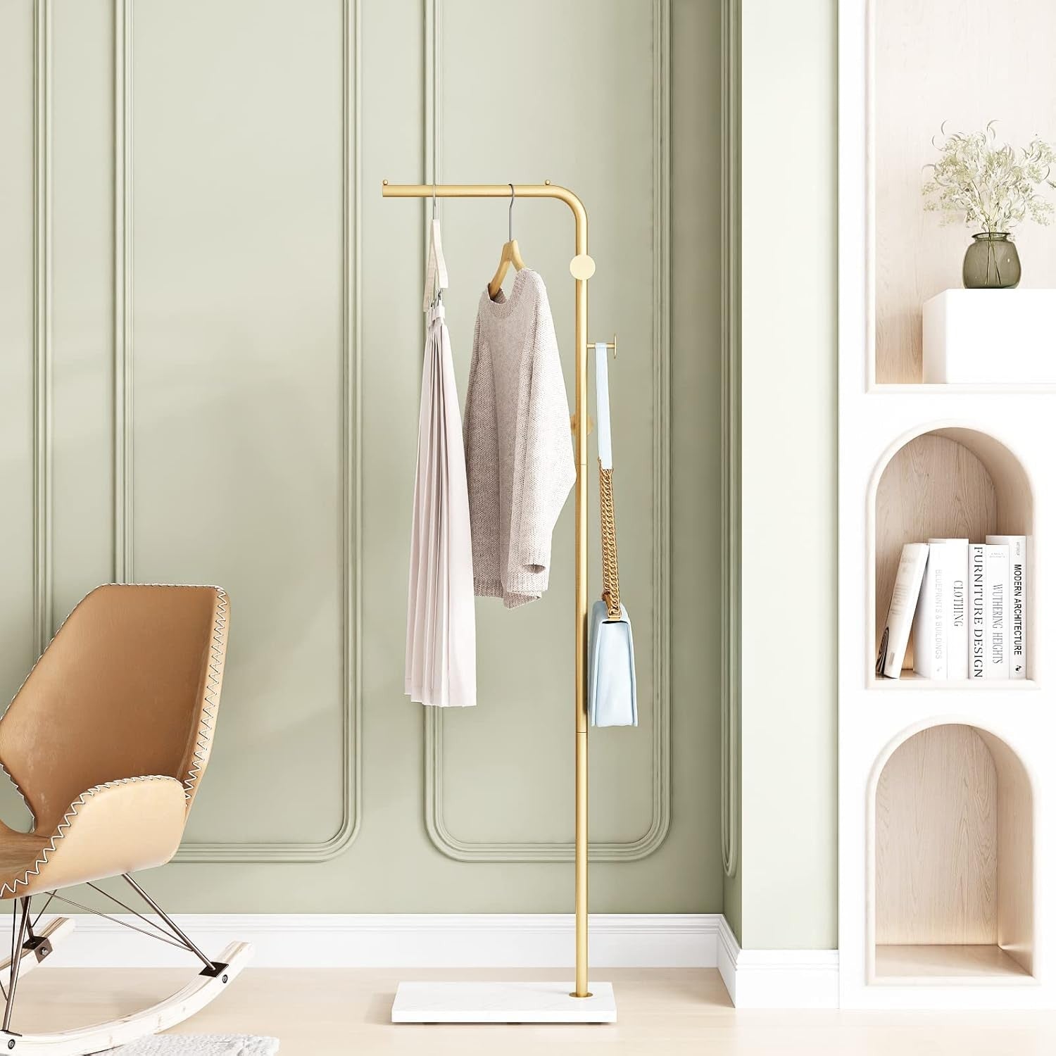 Gold Metal Coat Rack with White Base Freestanding 3 Hooks Modern Entryway Stand