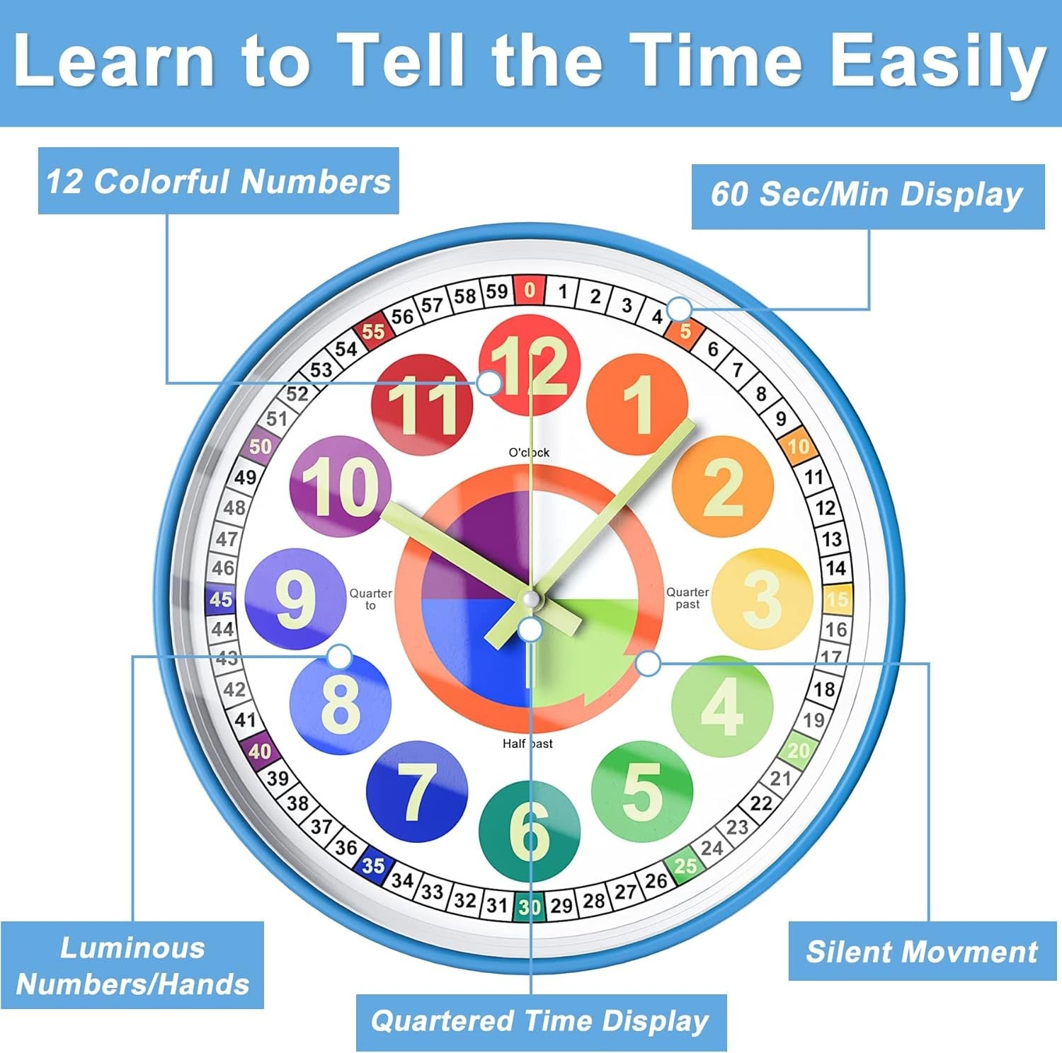 Kids Rainbow Learning Wall Clock 12" Silent Colourful Teaching Time Clock Bedroo