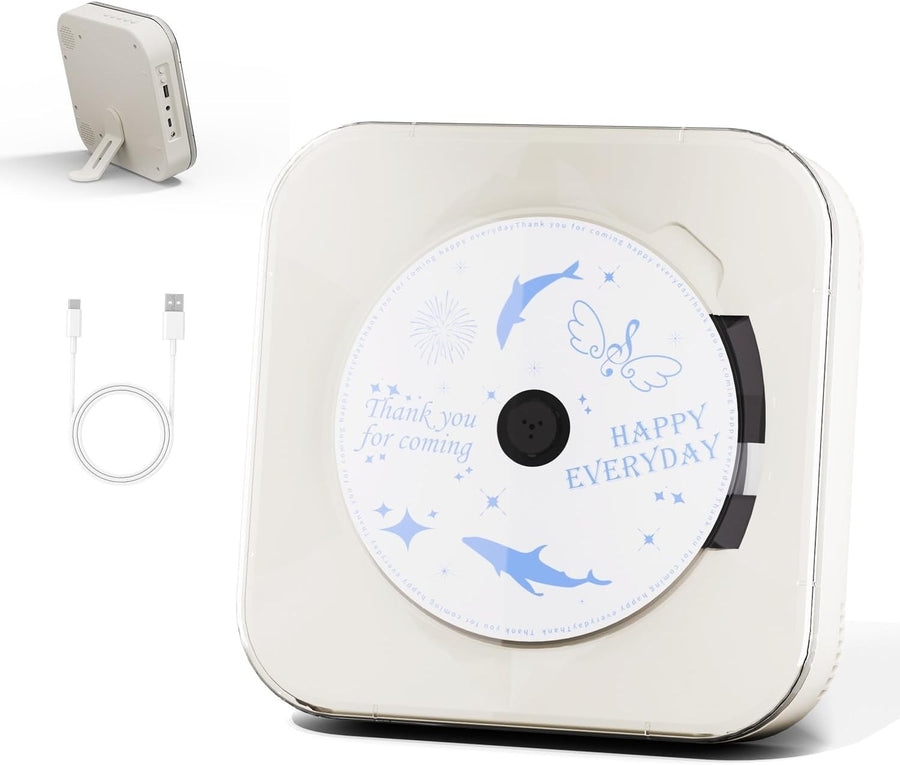 Portable CD Player Bluetooth Speakers USB Transparent Lid Compact White
