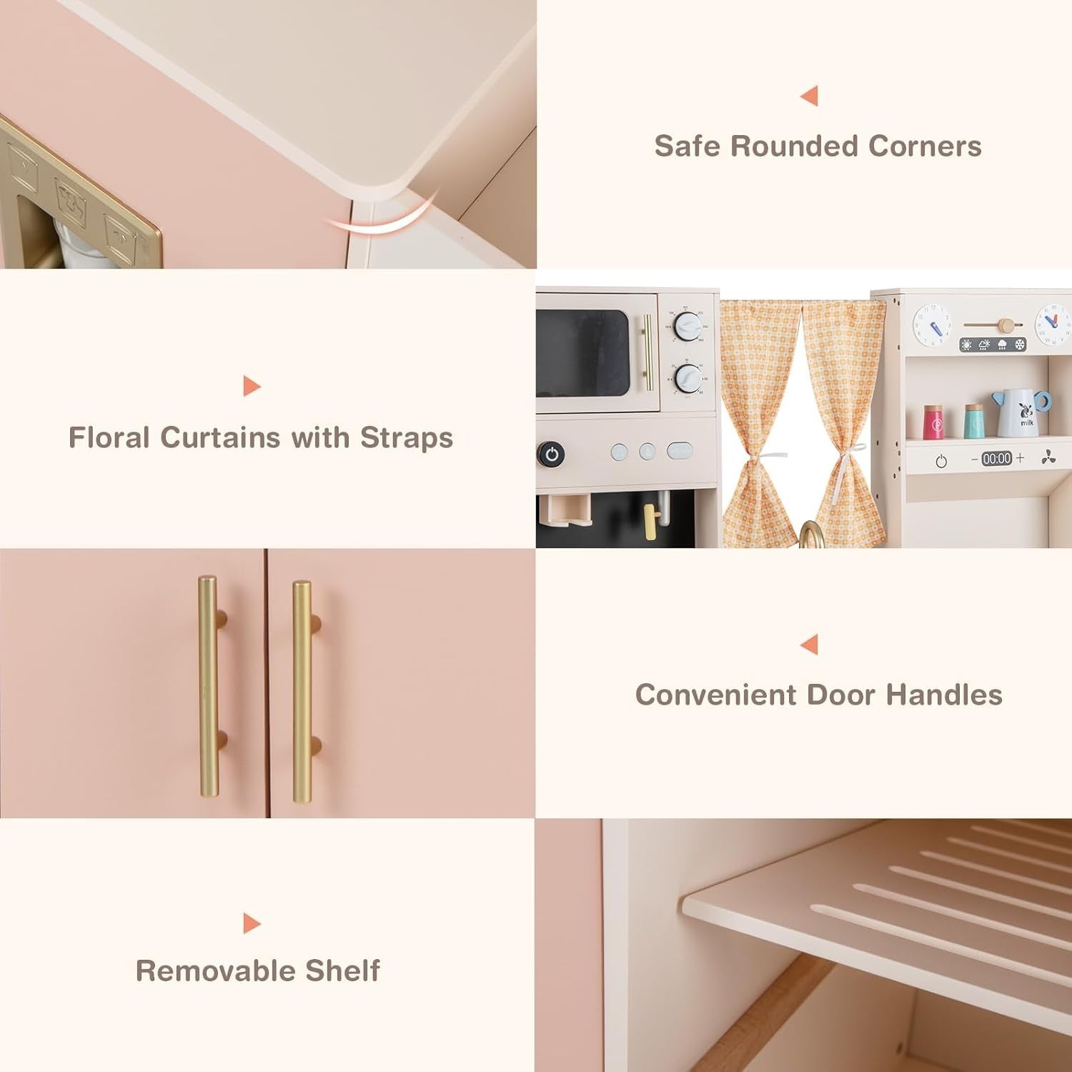 Kids Wooden Play Kitchen Pink w/ Ice Maker Microwave 17 Accessories