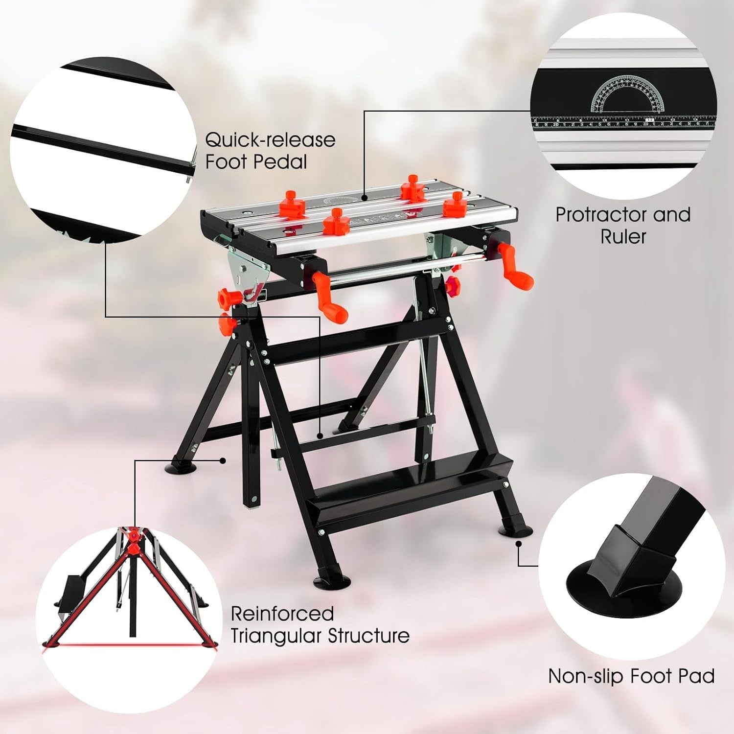 Folding Workbench 75x60cm Adjustable Height Tilt Table Sawhorse 7 Levels Red