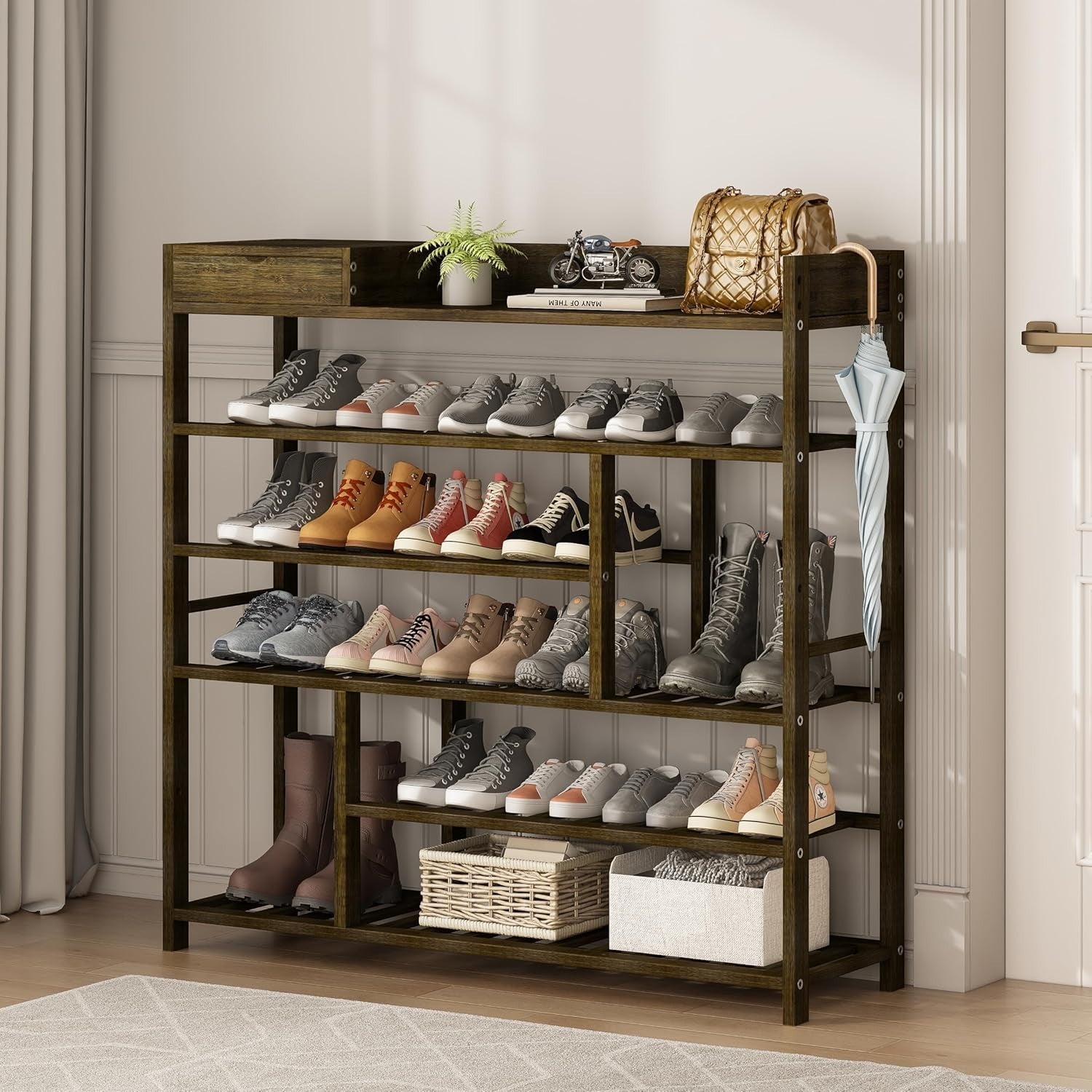 6 Tier Bamboo Shoe Rack Storage Shelf – Tall Tea Brown Entryway Unit