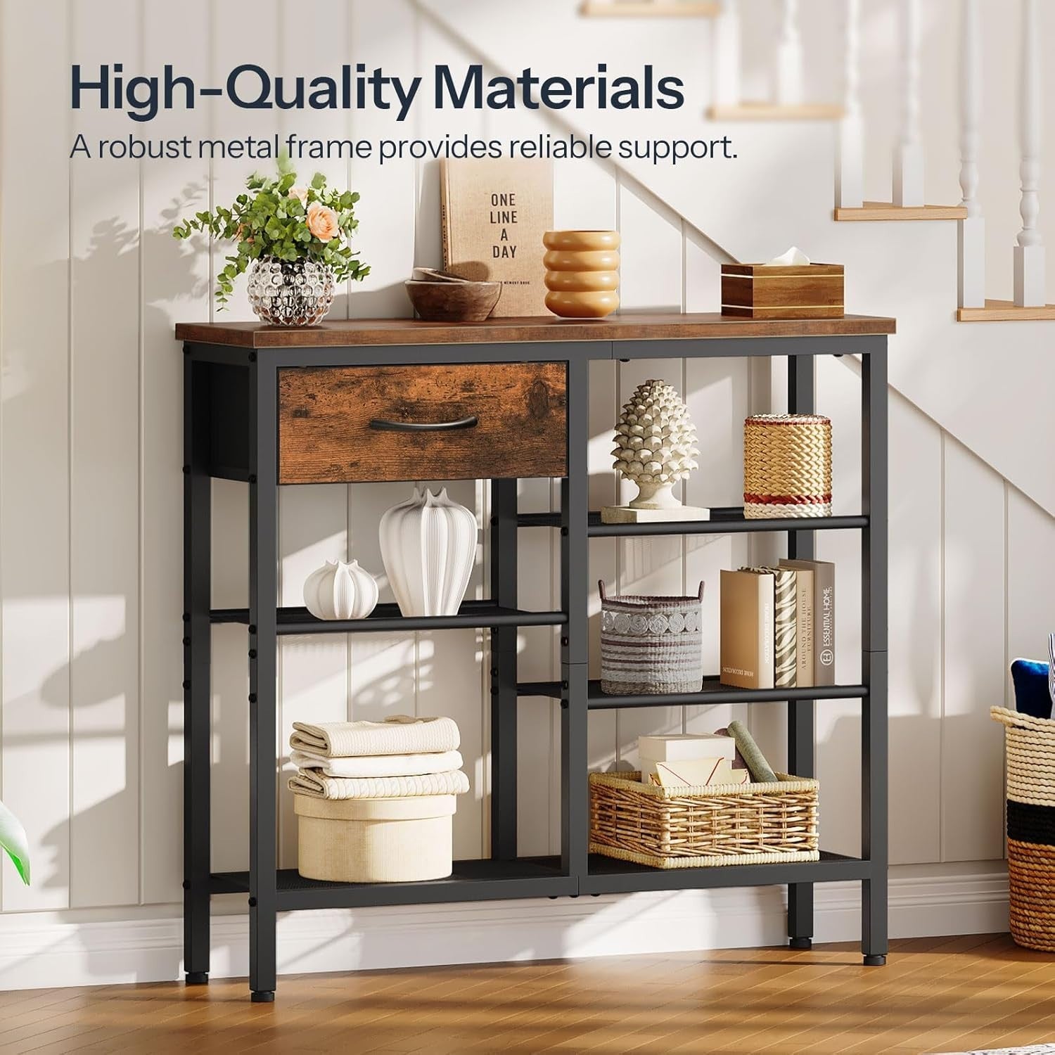 Slim 5-Tier Console Table with Drawer & Storage Shelves, Rustic Industrial