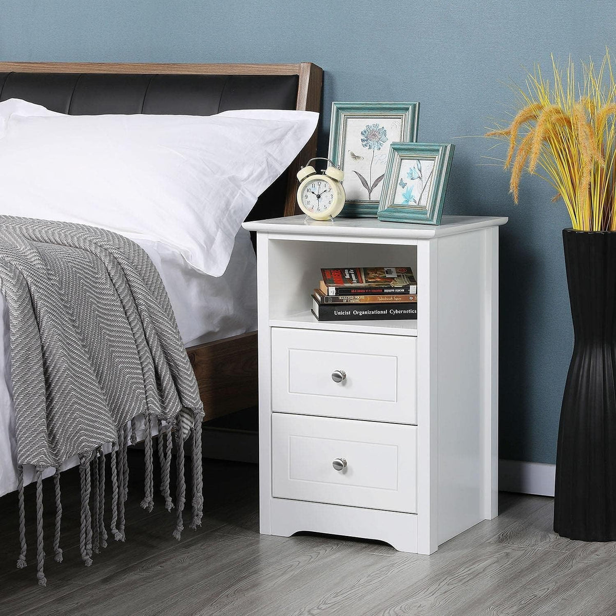 White Bedside Table with Drawers & Shelf – Modern Nightstand for Bedroom