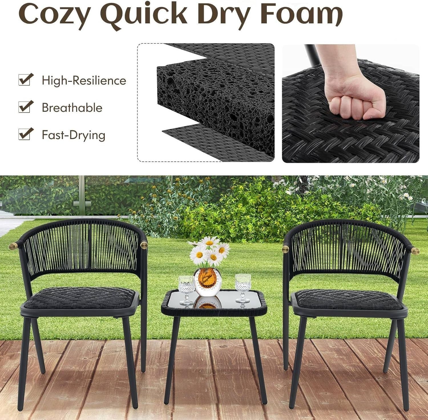 3pc Outdoor Rattan Bistro Set with Cushioned Chairs Glass Table Patio Balcony