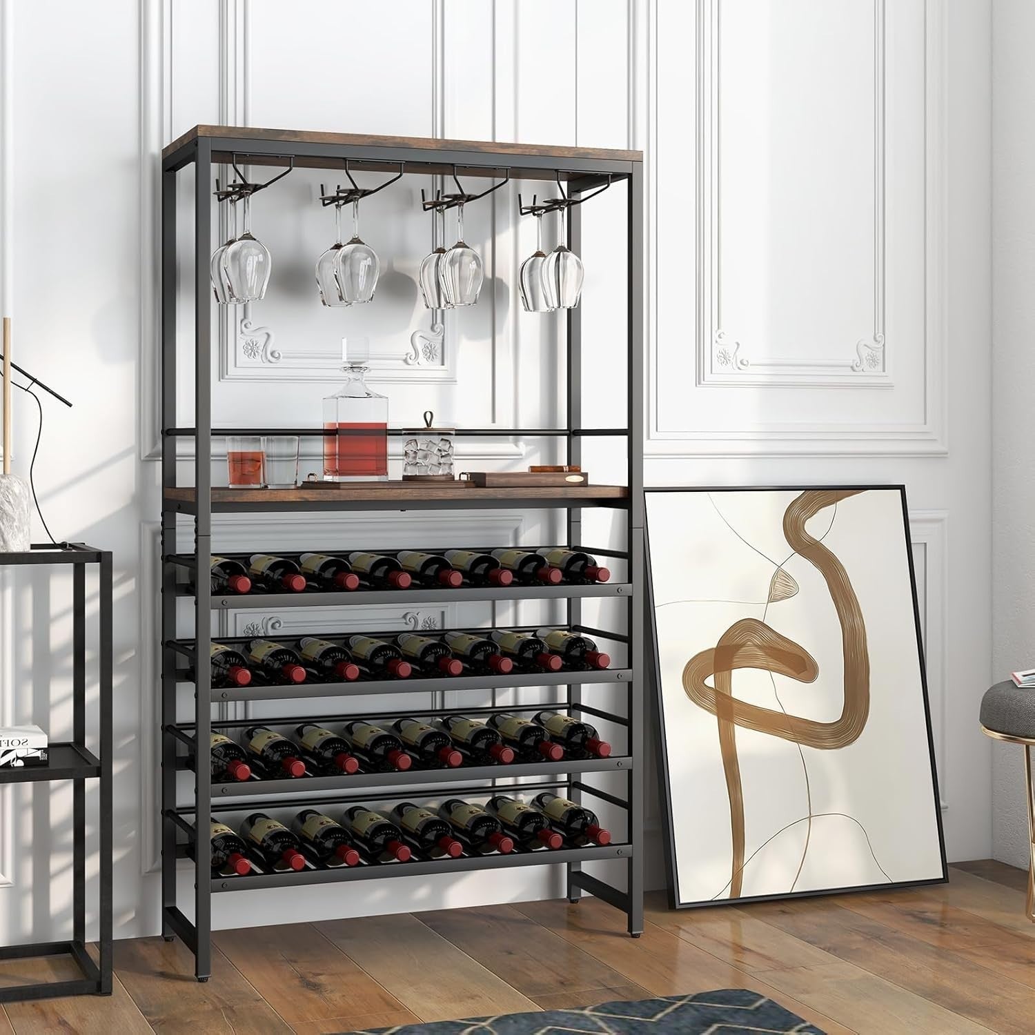 6 Tier Wine Rack 32 Bottle Bar Cabinet with Glass Holder & Display Shelves