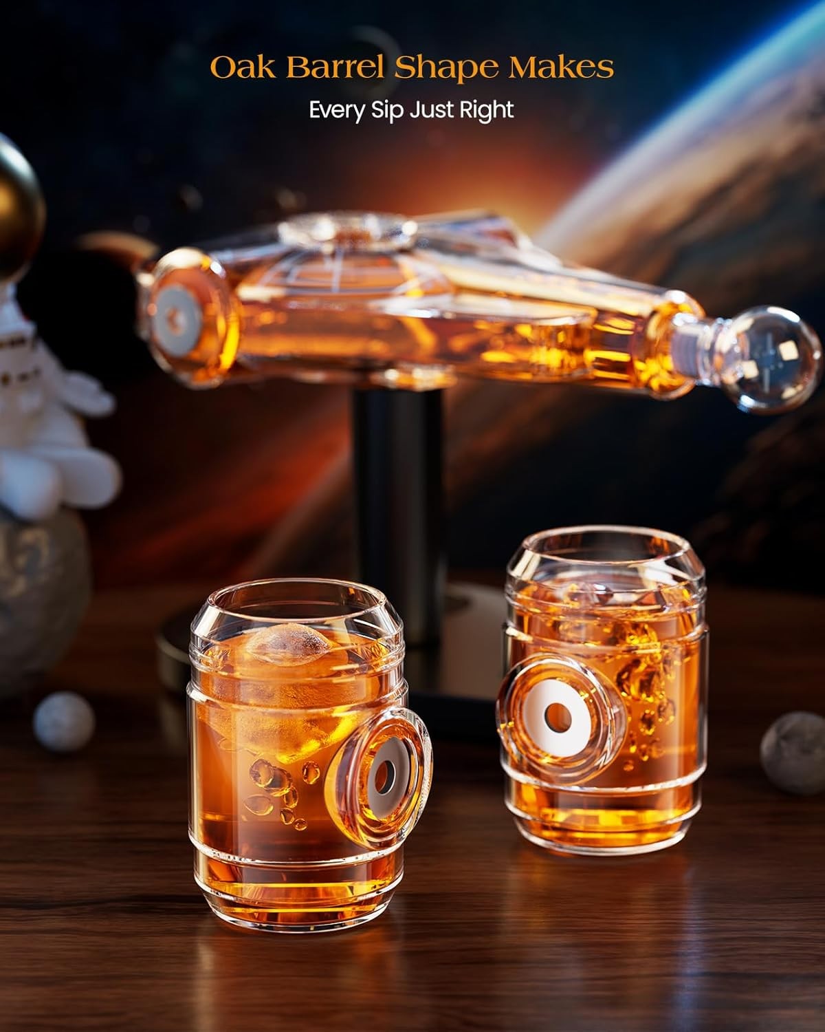 Spaceship Whiskey Decanter Set 840ml with Stand & 2 Shot Glasses Unique Gift
