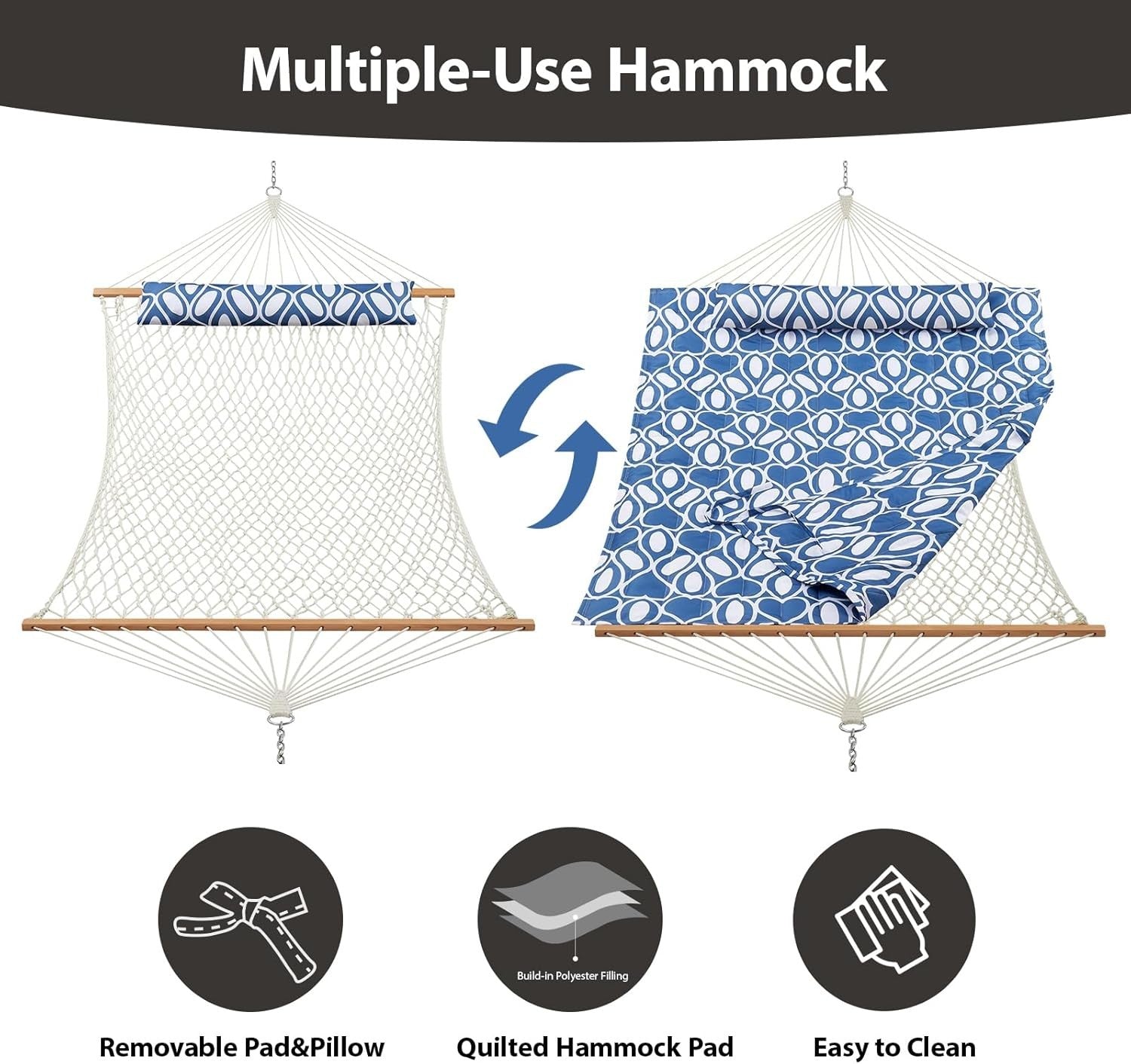 Outdoor Double Hammock w/ Spreader Bar, 475lb Capacity, Pad & Pillow – Garden Pa