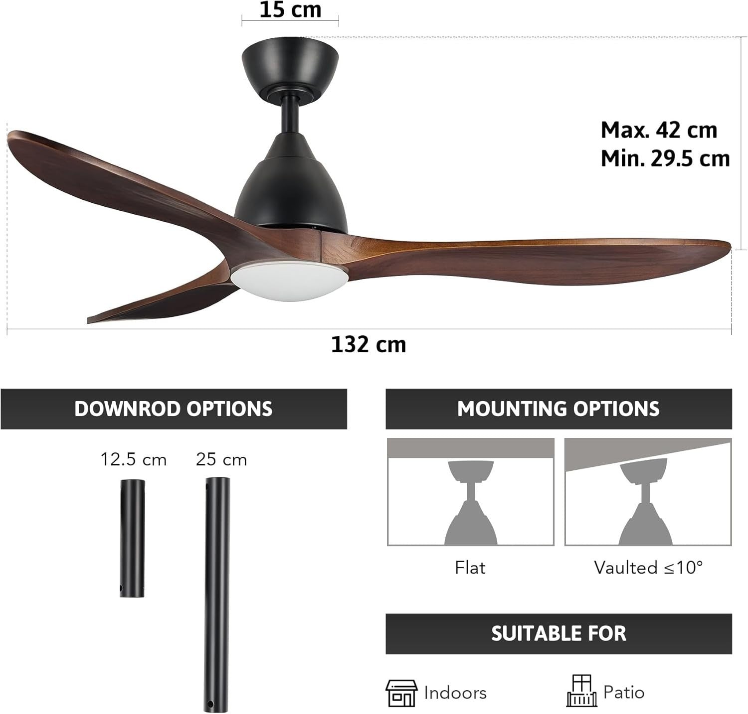 52" Smart Wood Ceiling Fan with Light, 6-Speed, Remote, Walnut