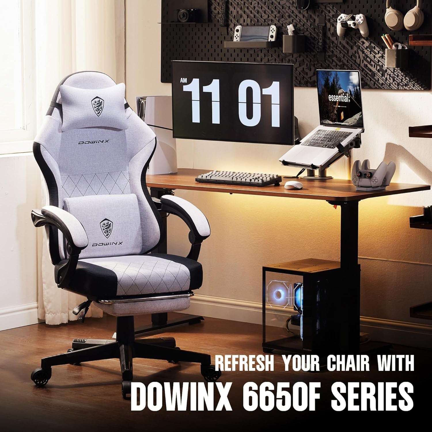 Gaming Chair w/ Footrest Massage Lumbar Pocket Spring Grey