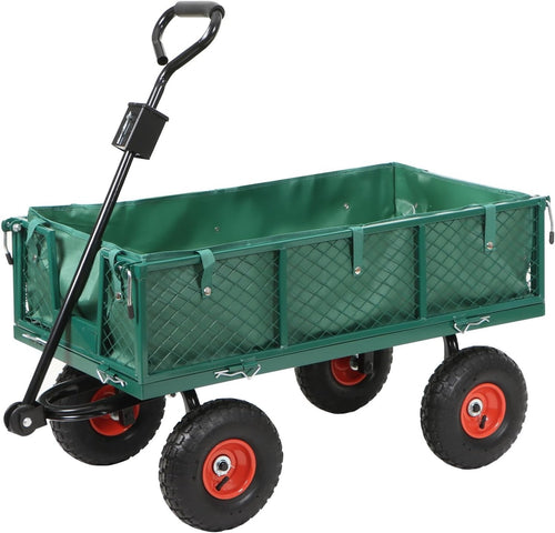 350kg 4-Wheel Garden Trolley Green – Pneumatic Tyres Heavy Duty w/ Steel Frame