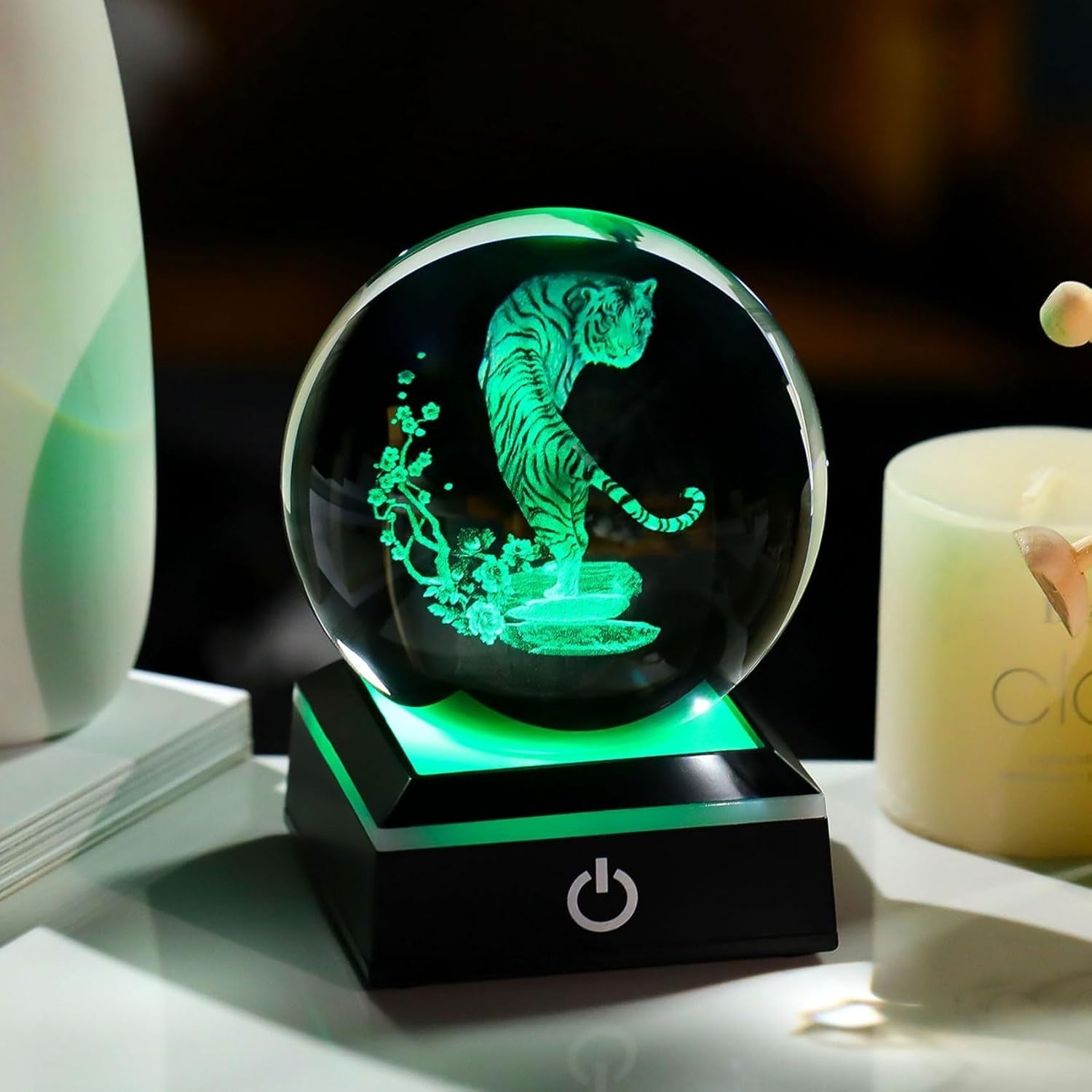 8cm 3D Crystal Tiger Globe LED Light Base Animal Ornament Gift Home Decor