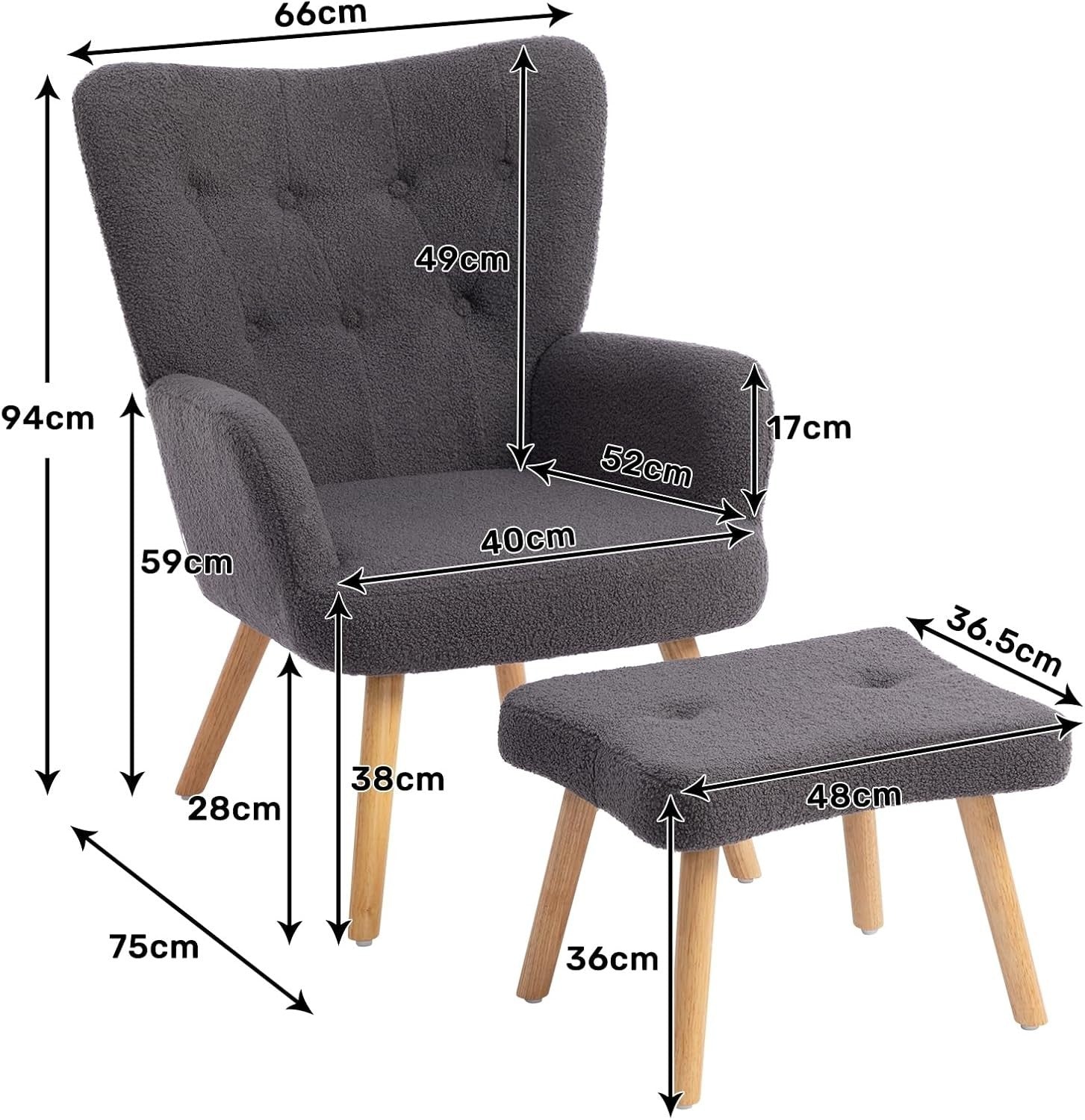 Grey Velvet Armchair with Footstool, Comfy Reading Lounge Chair Set