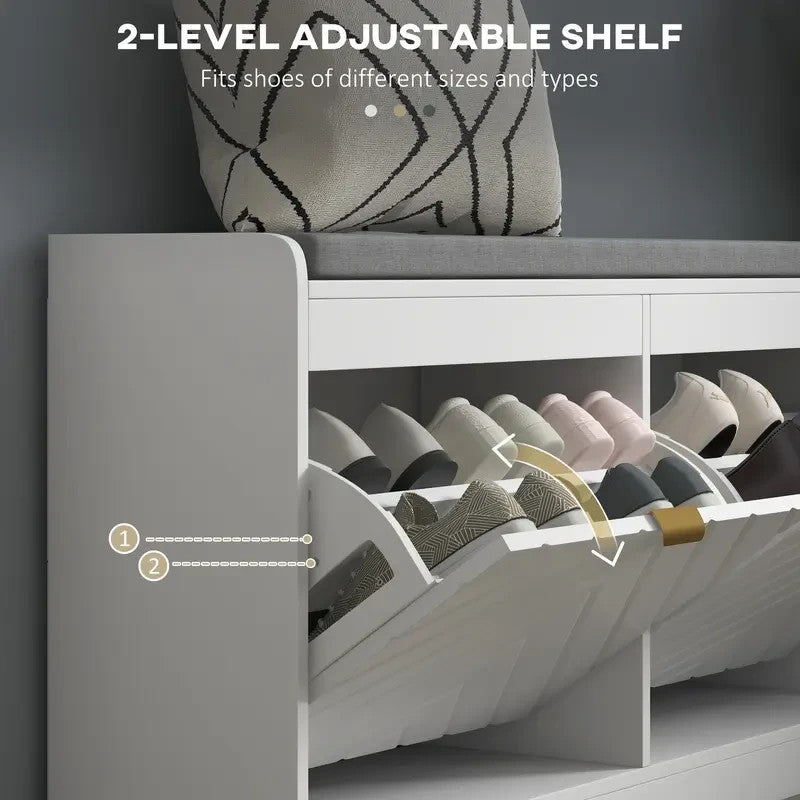 White Shoe Storage Bench with Cushion & Drawers – Hallway Seat Unit