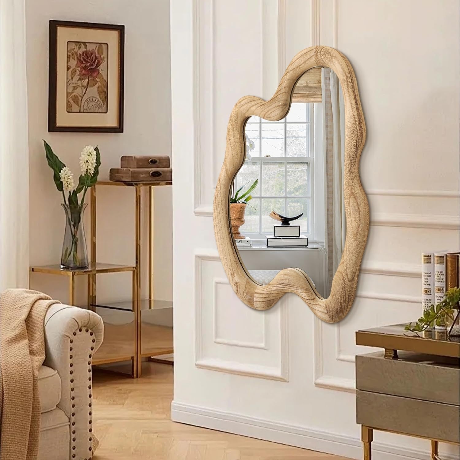 Rustic Irregular Wood Wall Mirror 70x50cm Decorative Hanging for Home
