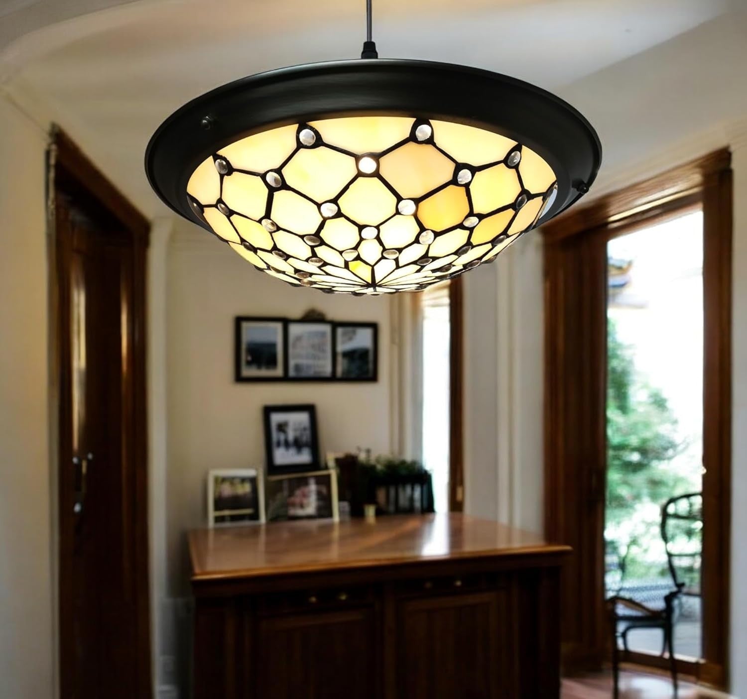 Tiffany Style Jewel Stained Glass Uplighter Pendant Ceiling Lamp Shade 35cm