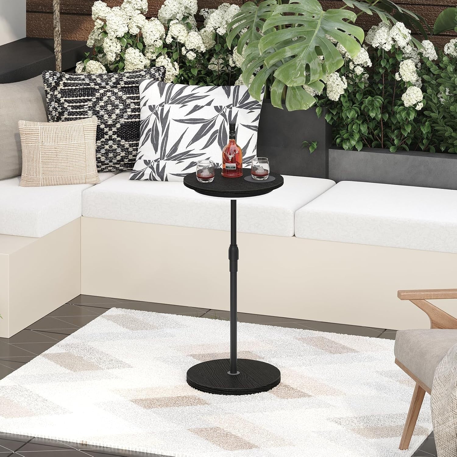 Adjustable Height Round Side Table with LED Light & Cup Holder, Compact 32cm