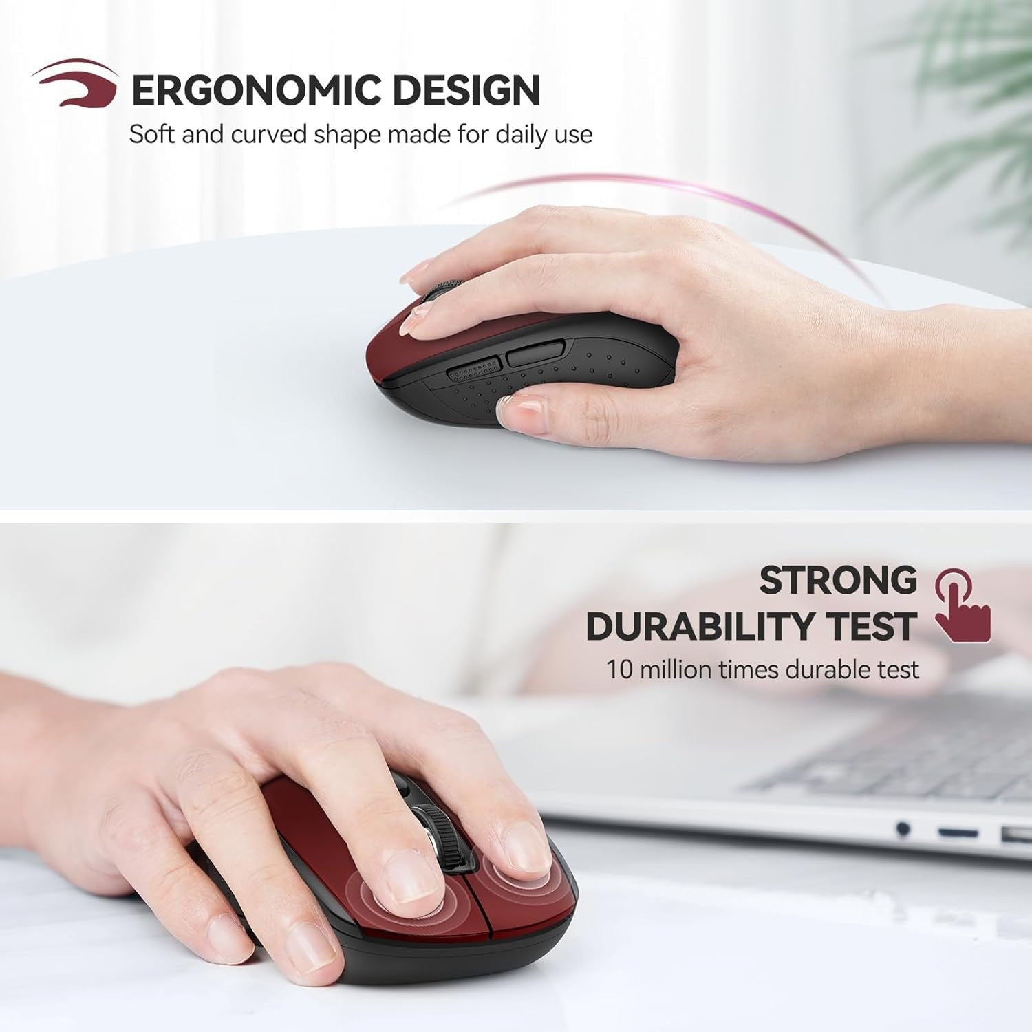 Silent Click Bluetooth Mouse 4000DPI Ergonomic Multi Device Wireless Red