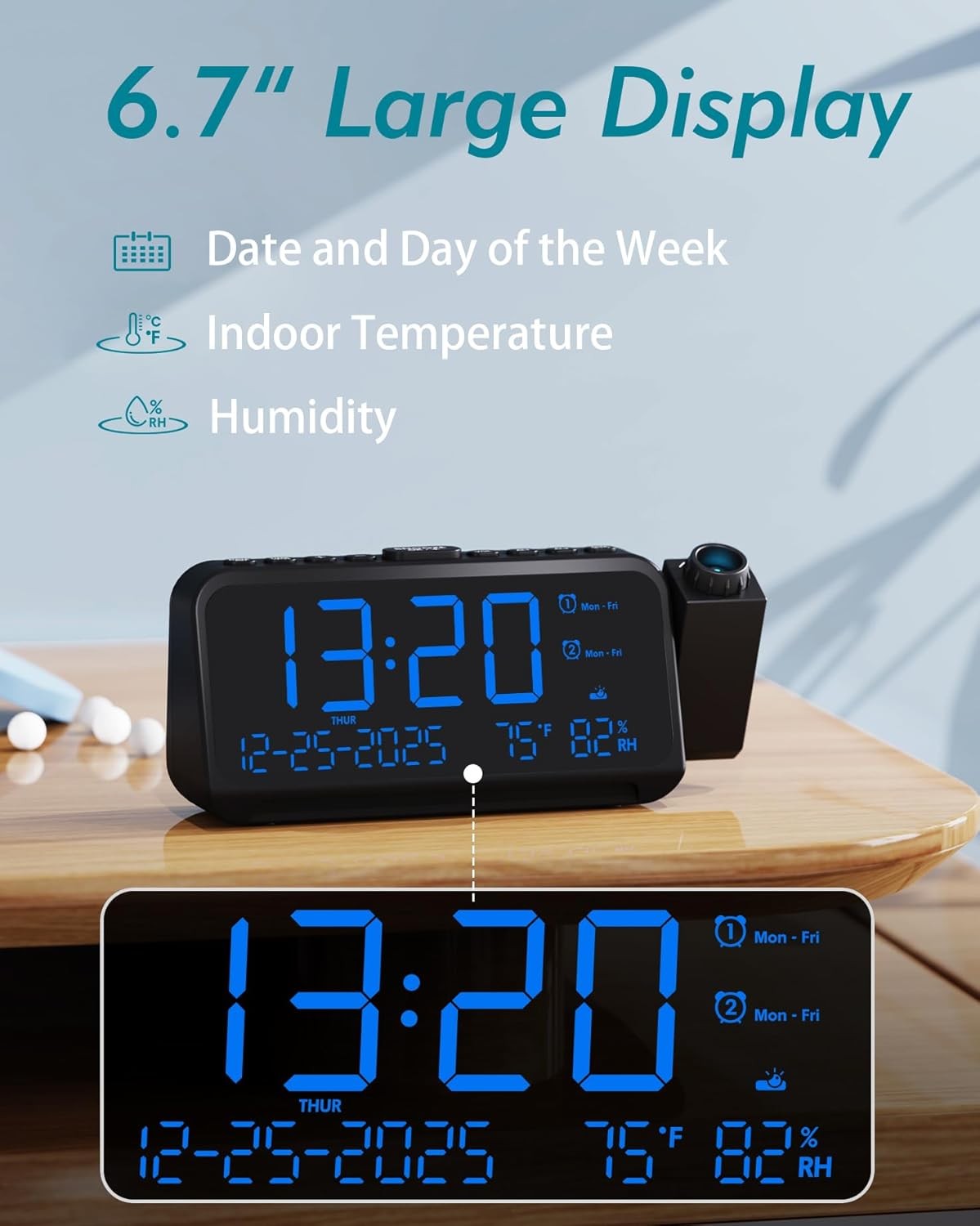 Projection Alarm Clock Blue LED Digits Temperature USB Charging Bedside