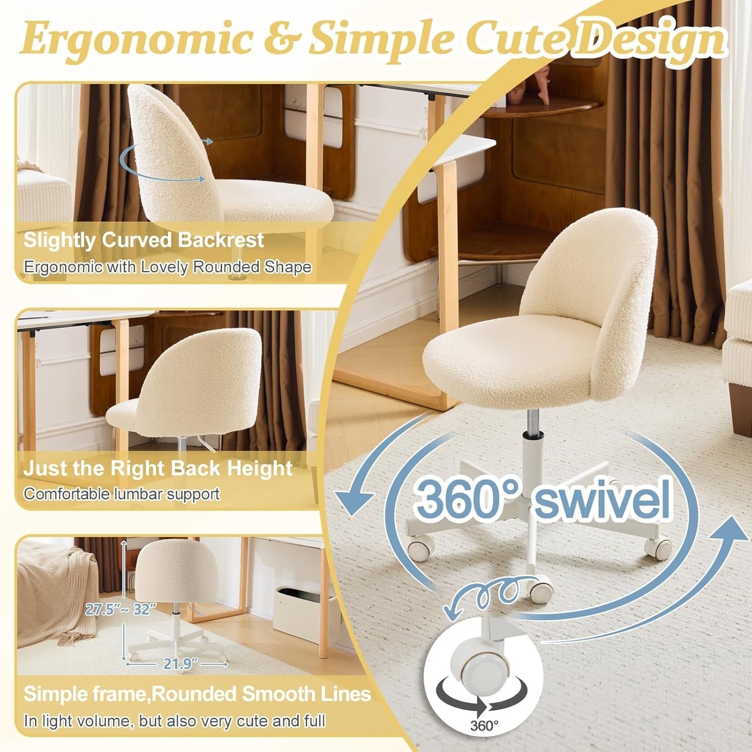 Cream Beige Armless Swivel Desk Chair – Teddy Fleece, Adjustable Height & Wheels