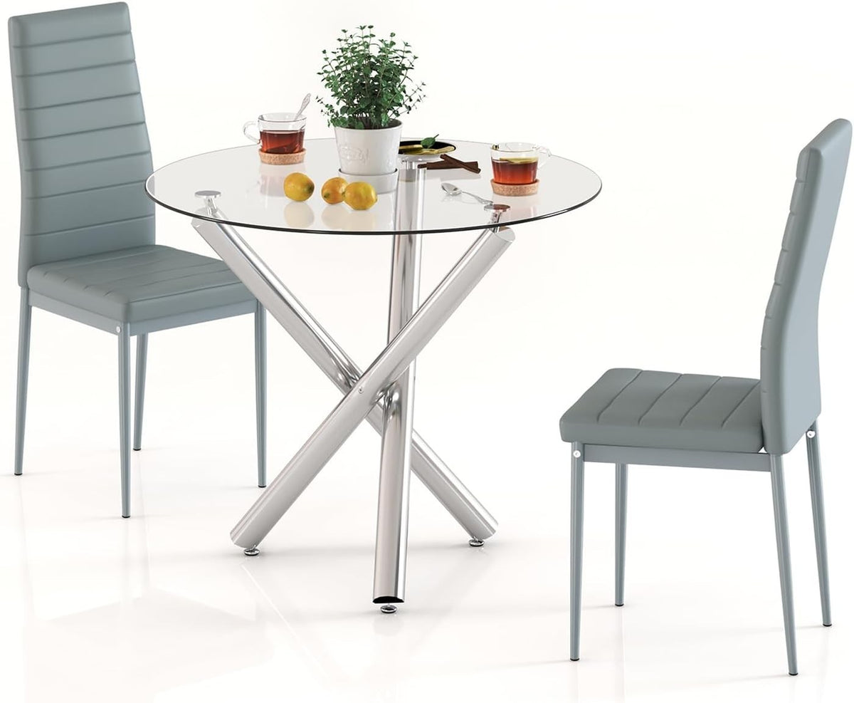 90cm Round Glass Dining Table Set with 2 Grey Faux PU Leather Chairs