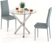 90cm Round Glass Dining Table Set with 2 Grey Faux PU Leather Chairs