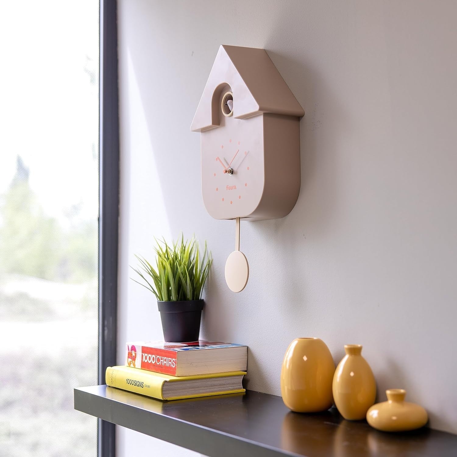 Modern Beige Cuckoo Wall Clock with Orange Dial | Silent, Battery Operated