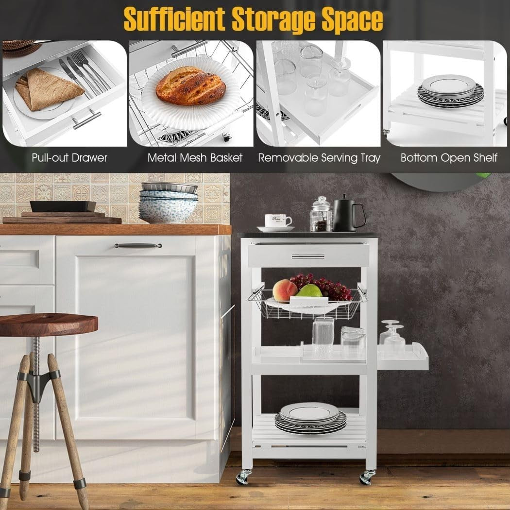 4 Tier Kitchen Trolley Stainless Steel Top Cart White