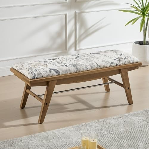 Upholstered End of Bed Bench with Solid Wood Frame, Beige Linen Seat