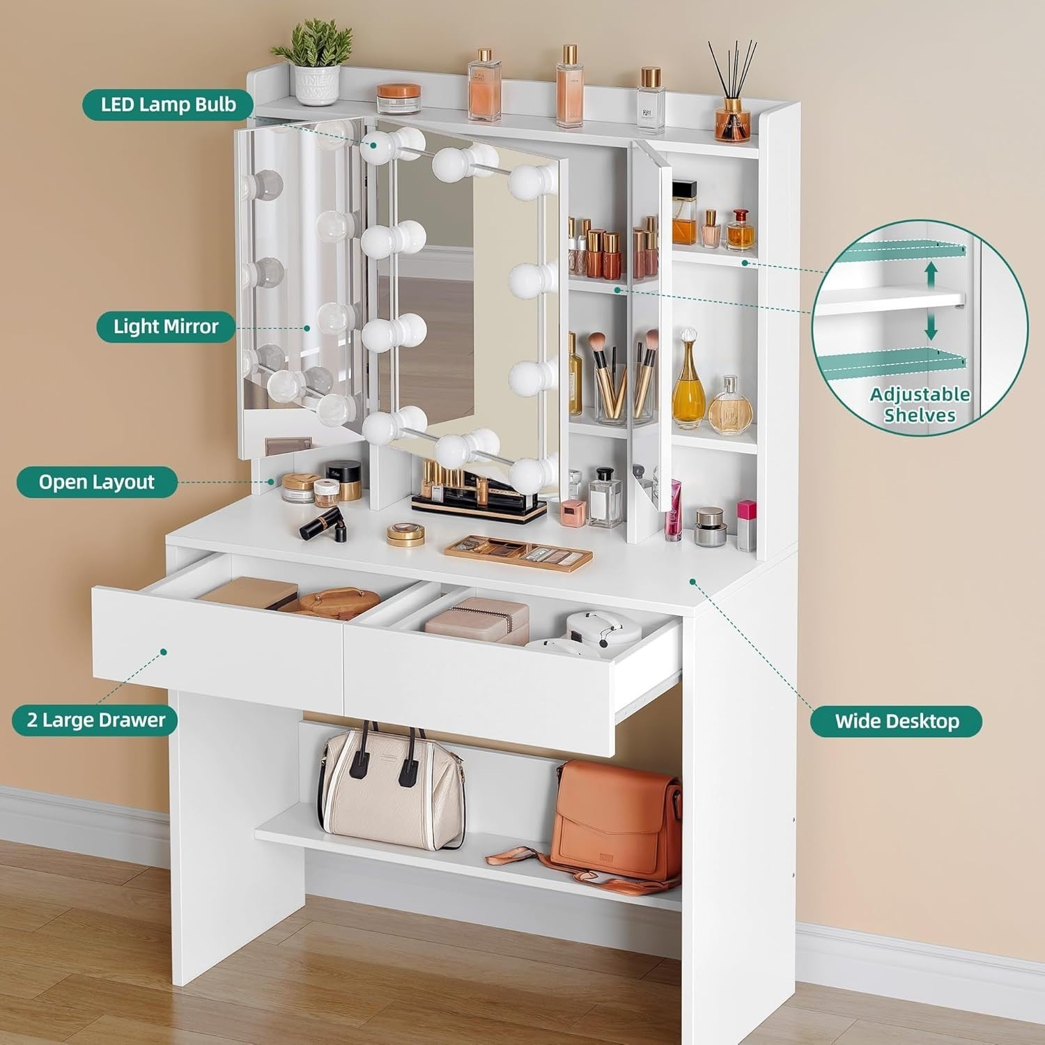 Vanity Dressing Table Desk Set w/ Lighted Mirror Adjustable Shelves Drawers Stor